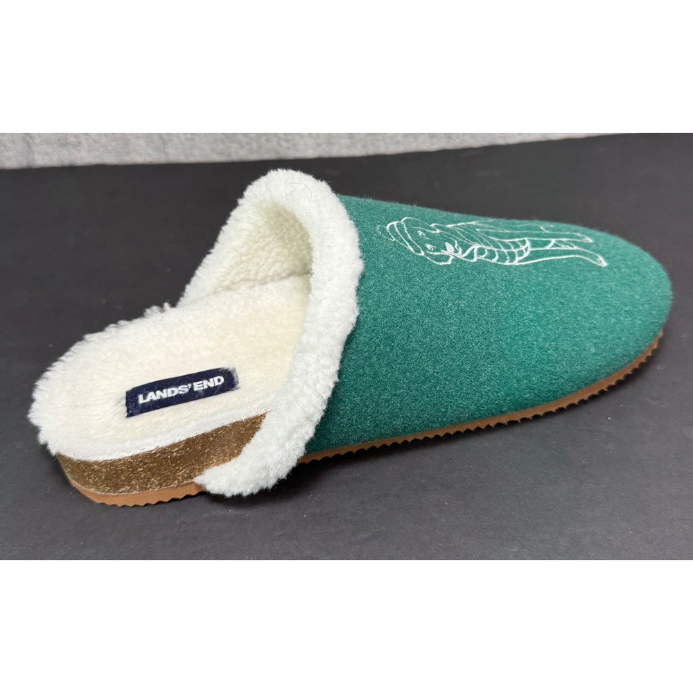 Lands' End Felt Scuff Slippers Womens 8 Green Dog Embroidery Faux Fur Clogs - Picture 4 of 9